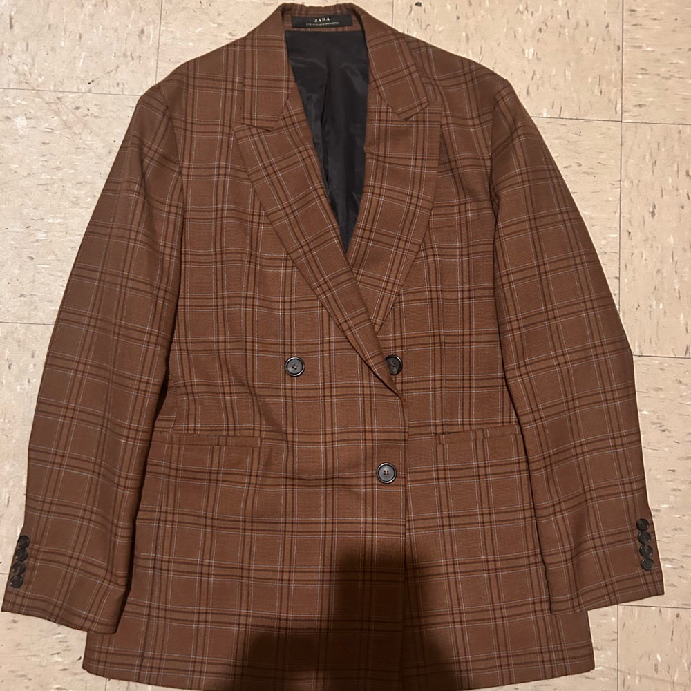 Zara Brown Sport Coat with Classic Plaid Design